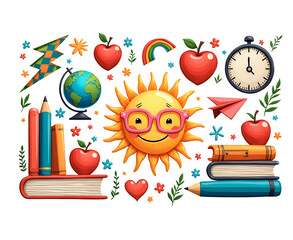 Colorful school elements and cheerful sun character on a transparent background for educational design on a transparent background