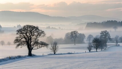 Soft Winter Mist Over Snow-Covered Field
