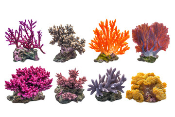 Collection of eight vibrant marine corals and anemones on rocky bases isolated on transparent background