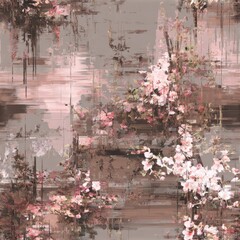 Abstract Floral Art with Pink Blossoms on Textured Background.