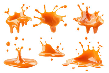 Dynamic caramel splashes and drips in various forms isolated on transparent background