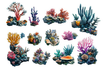 Collection of vibrant underwater coral reef formations isolated on transparent background