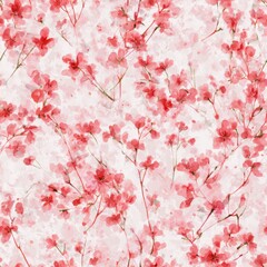 Watercolor Cherry Blossom Pattern Background in Soft Pink and Red Hues.