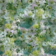 Delicate Green and Purple Floral Pattern with Lush Foliage in Artistic Style.