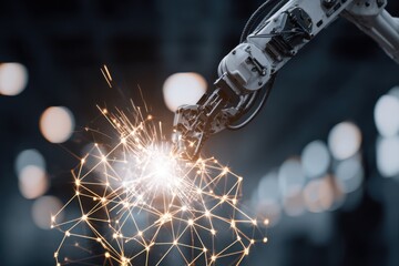Robotic Arm Welding Metal with Sparks in Industrial Automation Environment.