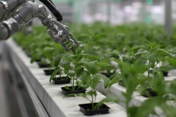 Robotic Arm Nurturing Plants in Modern Automated Hydroponic Greenhouse.
