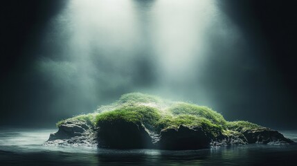 Moss-Covered Rock Isle Illuminated by Dramatic Light