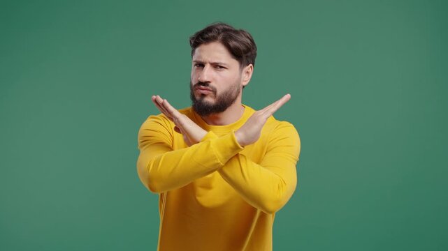 Dissatisfied bearded man disapproving With No Sign, Refuse Offer. Rejecting