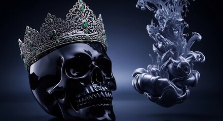 Macabre royalty concept featuring a black skull wearing a jeweled crown with dark ink swirling nearby. Ideal for dark fantasy, Halloween, or gothic designs.