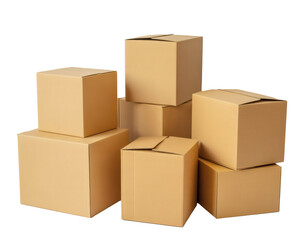 Obraz premium Stack of moving boxes, cardboard containers for storage and relocation, packaging for shipping and delivery services in a pile