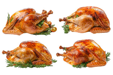 Four delicious golden brown roasted whole turkeys decorated with fresh herbs isolated on transparent background