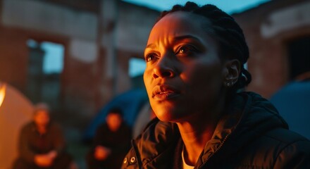 Determined woman by campfire, perfect for social issues like refugees, homelessness, and global crises. Evokes survival, resilience, and human connection in difficult times. 