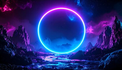 Neon glowing ring over mountains and landscape.