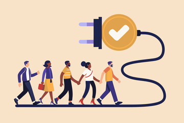 People walking connected to a power plug with a checkmark teamwork concept