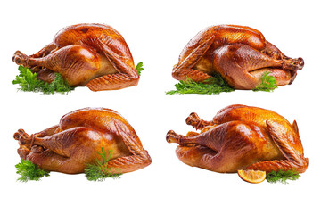 Four delicious roasted whole turkeys garnished with fresh herbs and orange slice isolated on transparent background
