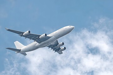 Fototapeta premium A white airplane flies in the blue sky with white clouds.