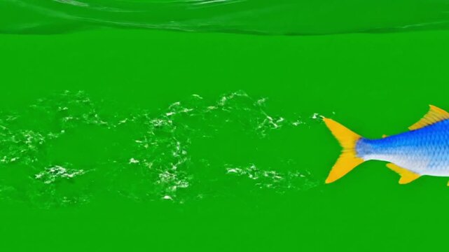 Blue Fish Swimming with Splash Trail on Green Background