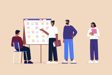 Diverse team collaborating on project with sticky notes on whiteboard presentation