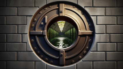 Obraz premium Round porthole view of canal with green surroundings