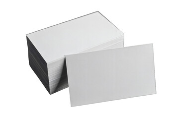 Stack of blank white business cards with one card resting against the stack ready for branding or corporate presentation