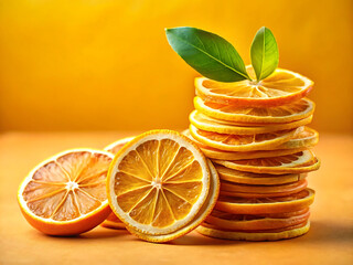 Stack of dried orange slices with green leaves on yellow background in studio shot