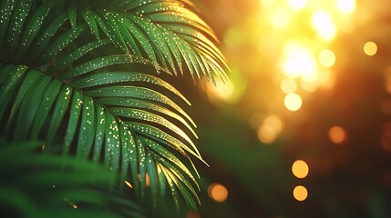 Close-up view of tropical leaves glistening with morning dew.
