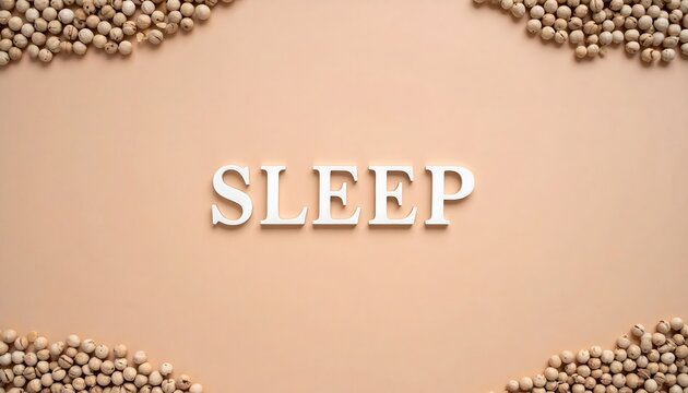 The word "SLEEP" is spelled out in white lettering against a beige background, framed by small, round objects in the corners.