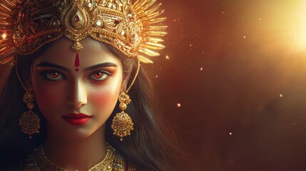 Close-up portrait of a woman adorned in ornate gold jewelry, resembling a Hindu goddess, against a dark, fiery background.