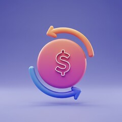A 3D render of a coin with a dollar sign, encircled by curved arrows indicating exchange or transaction, against a purple background.