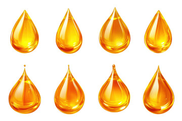 Collection of eight glossy golden liquid drops with subtle variations isolated on transparent background