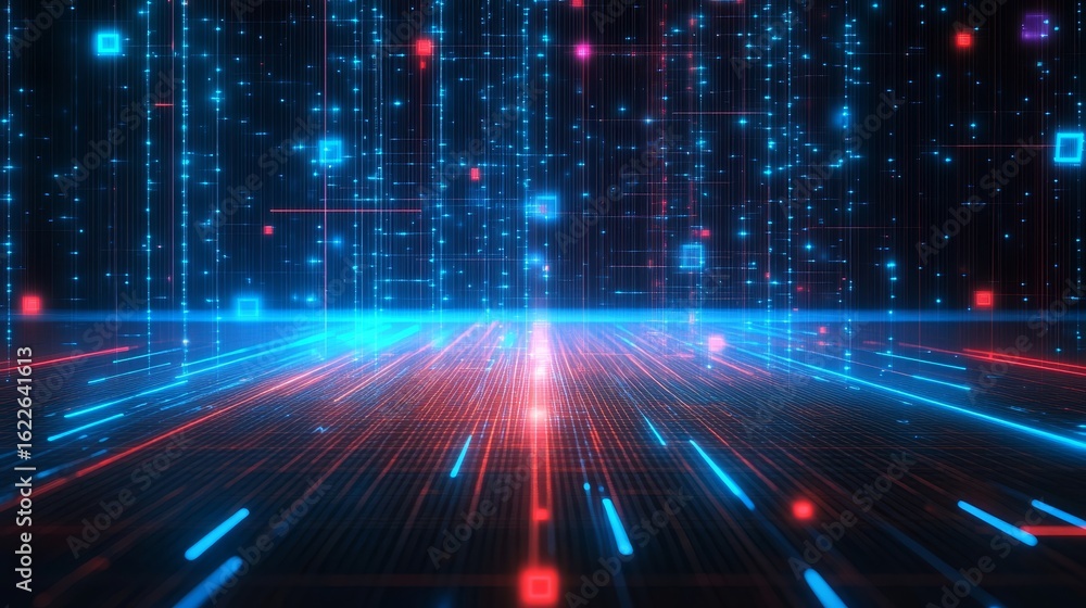 Poster futuristic neon cyber space background featuring glowing streamlines and digital elements in 3d