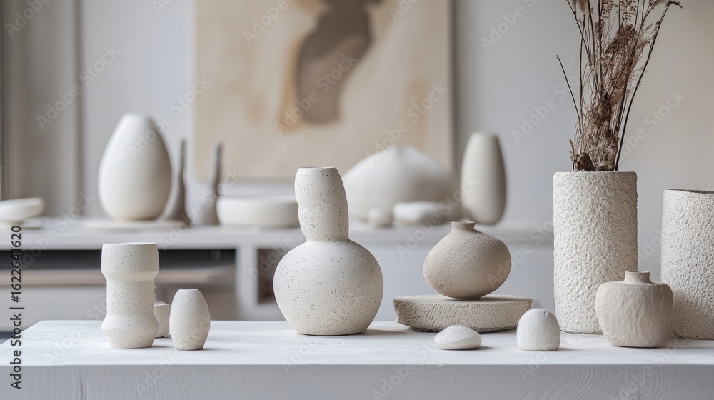 Poster minimal white sculptural objects arranged on shelf in modern artistic interior setting design