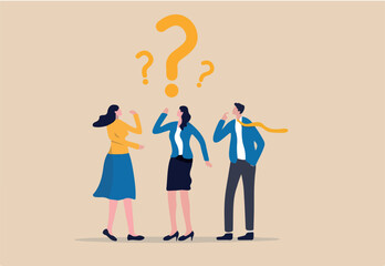 Confused business team finding answer or solution to solve problem, work question or doubt and suspicion in work process concept, businessman and woman team thinking with question mark symbol.
