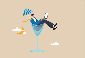 Work anywhere anytime, hybrid work or flexible hour for employee choice to choose where and when to work concept, businessman relax working remotely with computer laptop in cocktail glass at night.