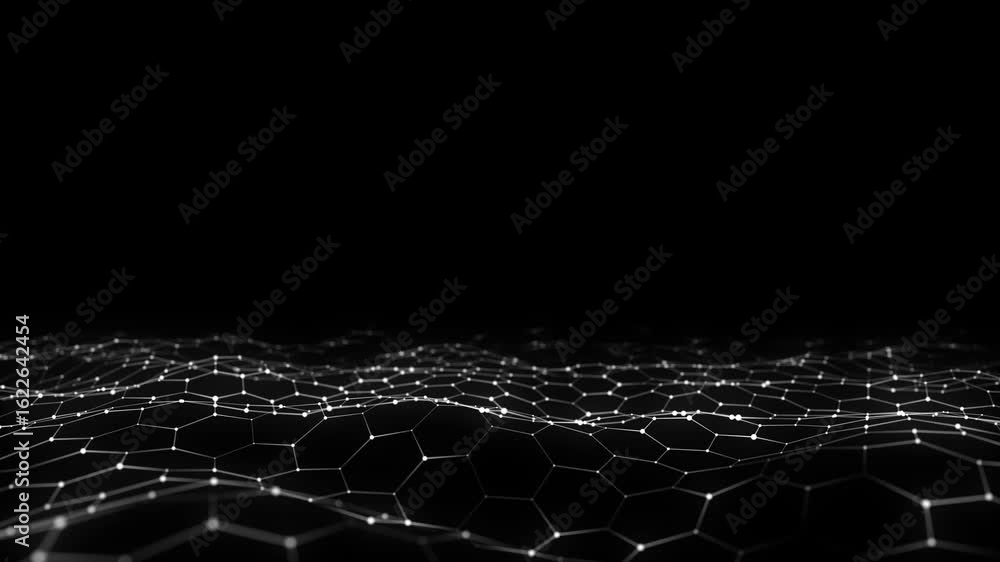 Poster digital technology hexagon wave. dark cyberspace with black motion dots and lines. futuristic digita
