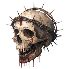 Mortality's Crown: A stark illustration of a skull, crowned with thorns, embodies themes of sacrifice, mortality, and faith in a photorealistic, thought-provoking, digital artwork.