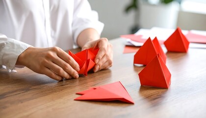 Person folding red origami figures on wood.