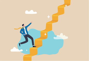 Ladder of success, stair way to succeed and reach business target, growth or growing career path, motivation and challenge to success opportunity concept, businessman climb up stair way to success.