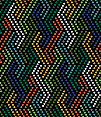Seamless geometric pattern with multicolored zigzag dotted lines on a black background. Interlocking striped elements. Contemporary retro style. Decorative graphic texture. Vector illustration.