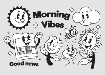 Happy Morning Vibes Character Set  Retro Illustration Vector 