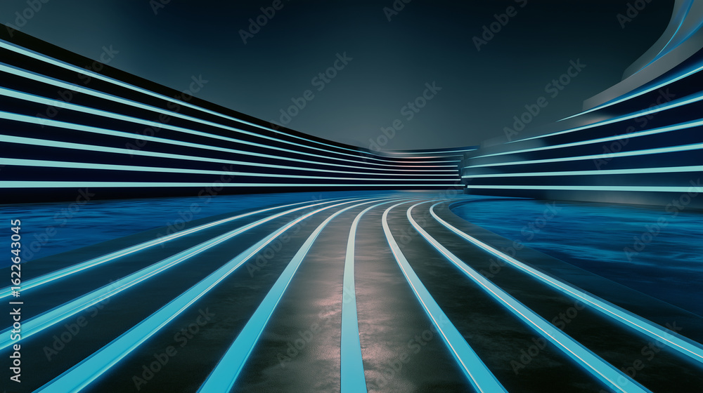 Aufkleber futuristic architecture with neon light and water reflection abstract design fast render