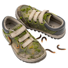 The World on Your Feet: Close-up of children's shoes covered with moss, embodying exploration and the connection with earth, evoking an aura of natural curiosity and adventure.