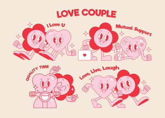 Cute Heart and Flower Character Couple Retro Love Illustration Set