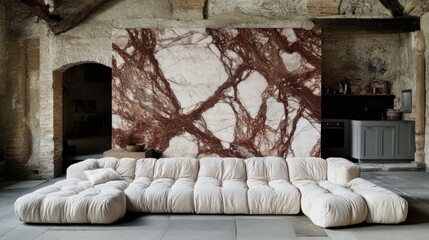 Modern sectional sofa in rustic interior with stone wall. Possible use Home decor catalog