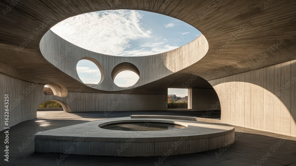Poster abstract concrete structure with circular openings, showcasing sky and landscape views; featuring a 