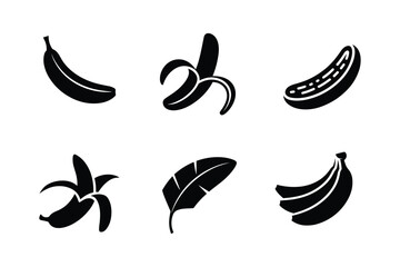 Fototapeta premium Black banana icons and leaf silhouette peeled banana slice