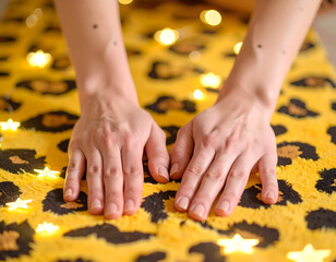 Woman's hands on a leopard print blanket with soft star-shaped fairy lights for design