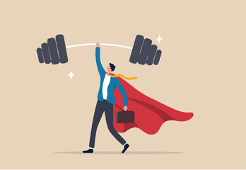 Business Strengths, strong power to get job done and success, career challenge or winning skill with strong leadership concept, strong businessman hero show his strength by easy lifting heavy weight.
