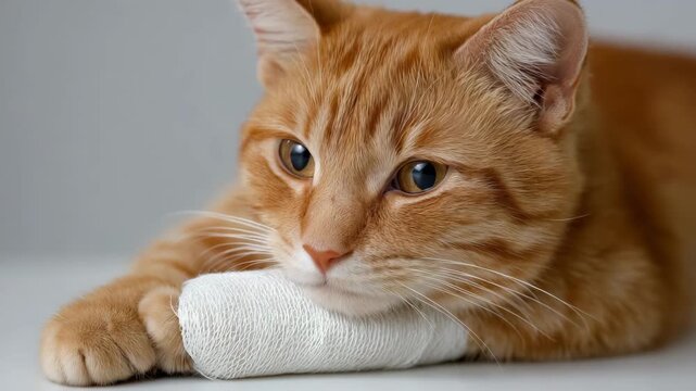 Orange tabby cat with bandaged paw resting on white surface