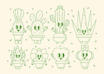 Retro Cactus Illustration with Funny and Cute Expressions Character Set